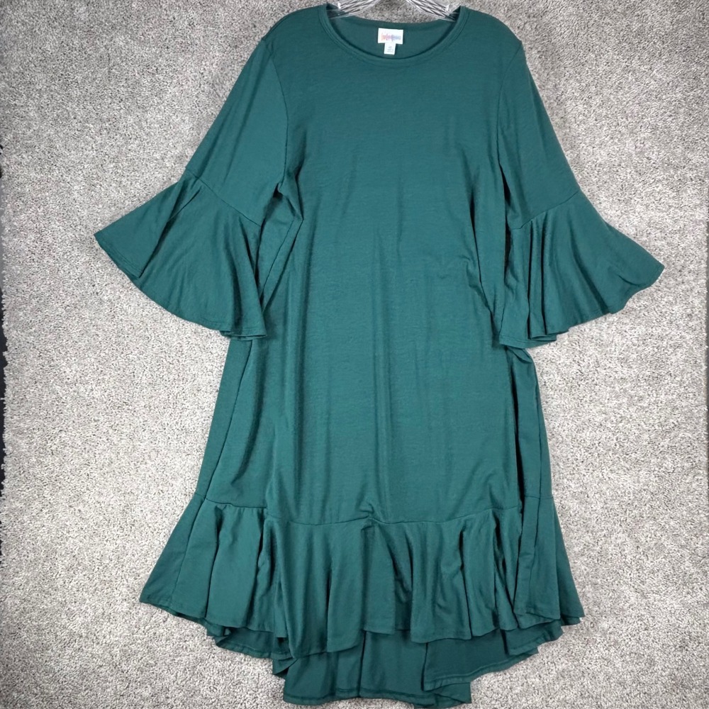 LuLaRoe Georgia Dress XL Green Bell Sleeve Ruffle High-Low Hem Crew Neck Solid